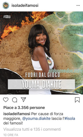 "ISOLA DEI FAMOSI 14" - Esce dal gioco Youma Diakite