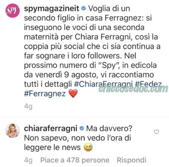 Il settimanale "Spy" elenca i presunti indizi di una possibile, seconda, dolce attesa in casa "Ferragnez", ma l'intervento social di Chiara Ferragni sembra smentire il riportato gossip..