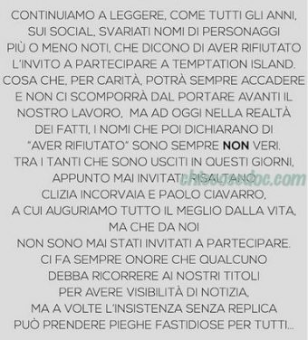 "TEMPTATION ISLAND" - Il comunicato contro Paolo Ciavarro e la fidanzata Clizia Incorvaia..